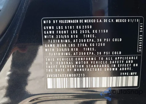 2019 Volkswagen Tiguan 2.0T Se/2.0T Sel/2.0T Sel R-Line/2.0T Sel R-Line Black from USA, damaged, VIN 3VV3B7AX3KM087213